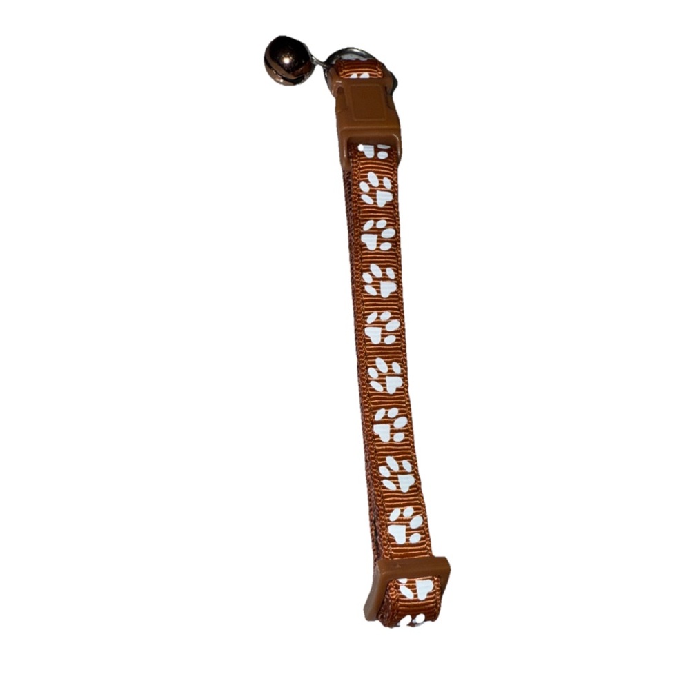 Pet Collar w/Bell Brown White Paw Patterned SM-MD Adjustable NEW